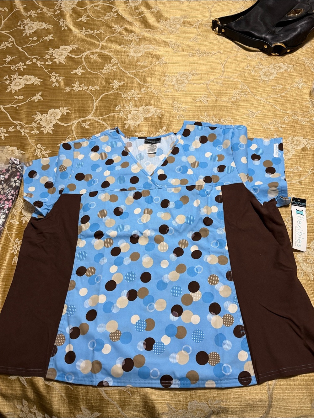 Cherokee Light Blue Polka Dot Scrub Top with Brown Accents